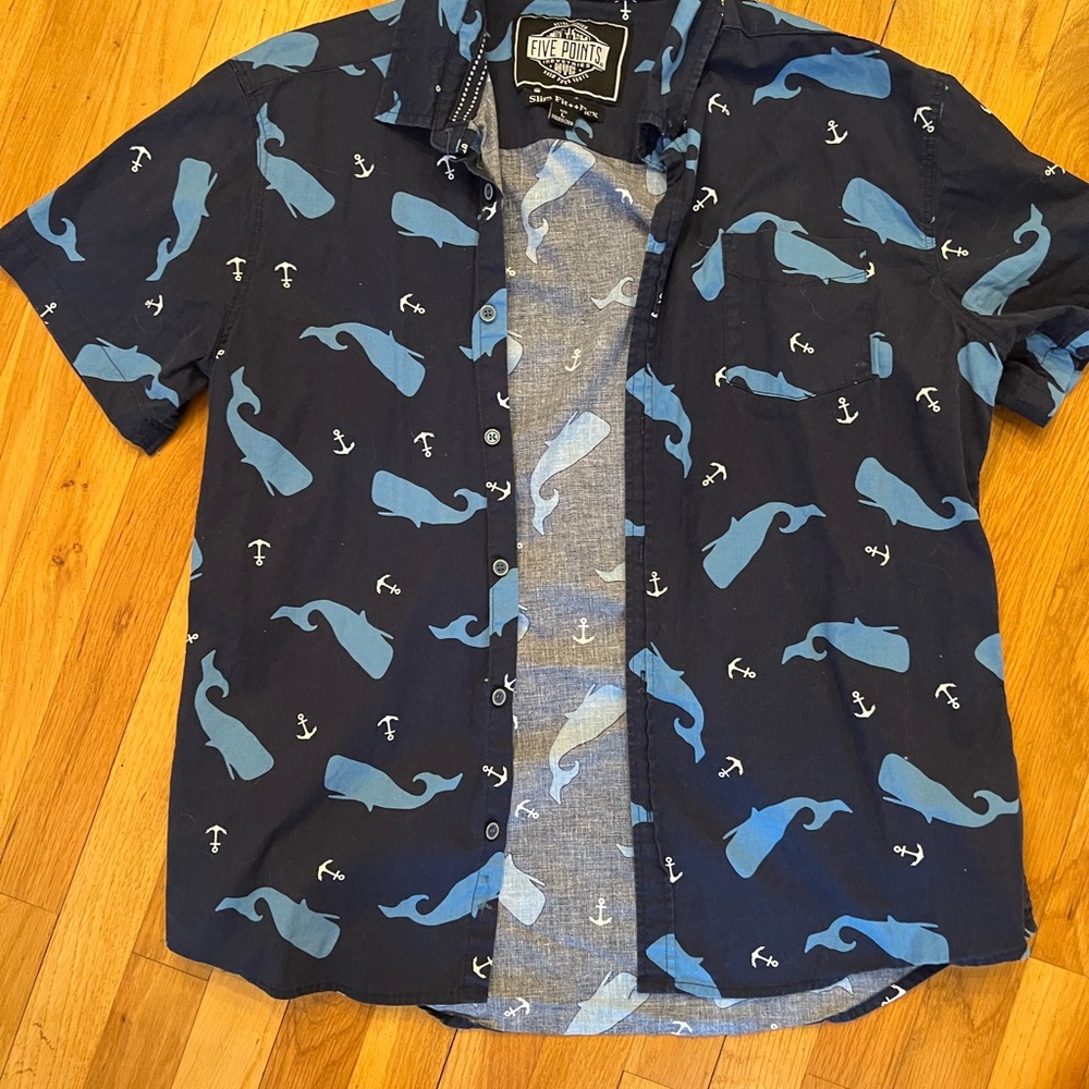 Five Four Navy Whale and Anchor Print Casual Shirt